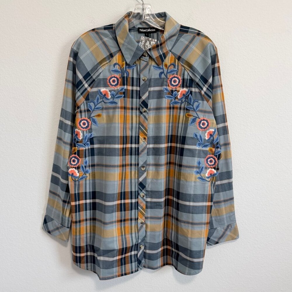 Tolani Collection Embroidered Floral Plaid Long Sleeve Button Front Shirt Size L